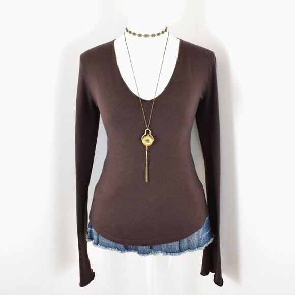 VTG 00s Y2K Old Navy Dark Brown Lettuce Hem V-Neck Long Bell Sleeve Top Sz M - Picture 1 of 6